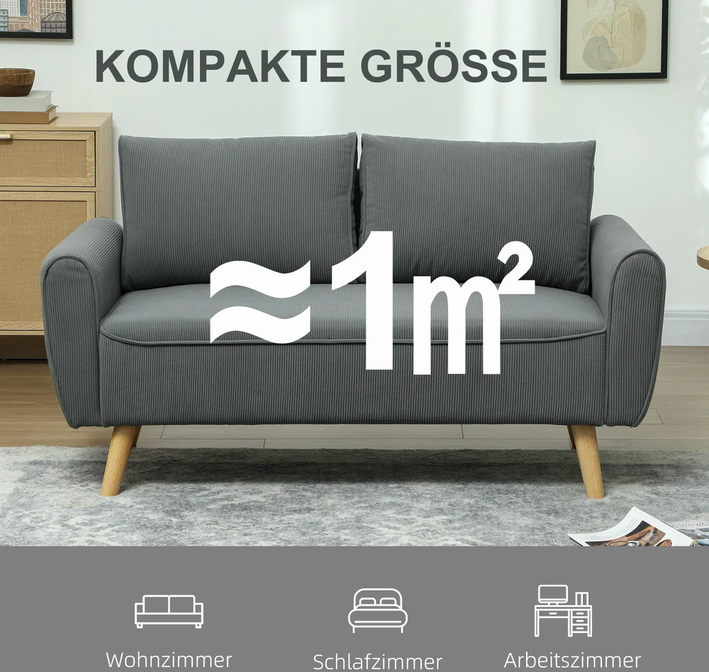 HOMCOM dvivietė sofa su 2 pagalvėlėmis, minkšta sofa su 54 cm itin giliomis sėdynėmis, kordine medžiaga aptraukta sofa, maža sofa su mediniu rėmu, dvivietė sofa svetainei, miegamajam, biurui, 145 x 75 x 78 cm, tamsiai pilka