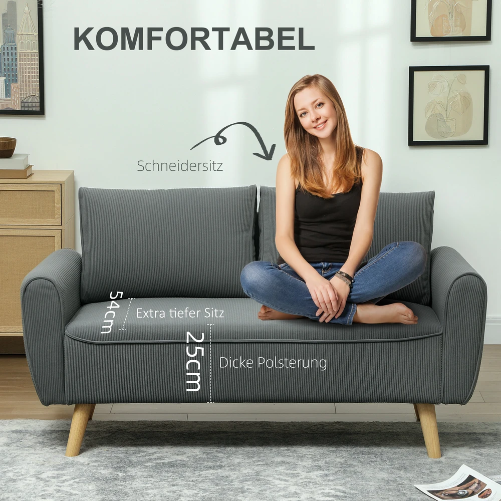 HOMCOM dvivietė sofa su 2 pagalvėlėmis, minkšta sofa su 54 cm itin giliomis sėdynėmis, kordine medžiaga aptraukta sofa, maža sofa su mediniu rėmu, dvivietė sofa svetainei, miegamajam, biurui, 145 x 75 x 78 cm, tamsiai pilka