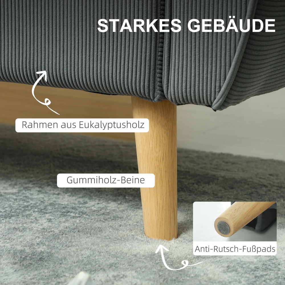 HOMCOM dvivietė sofa su 2 pagalvėlėmis, minkšta sofa su 54 cm itin giliomis sėdynėmis, kordine medžiaga aptraukta sofa, maža sofa su mediniu rėmu, dvivietė sofa svetainei, miegamajam, biurui, 145 x 75 x 78 cm, tamsiai pilka