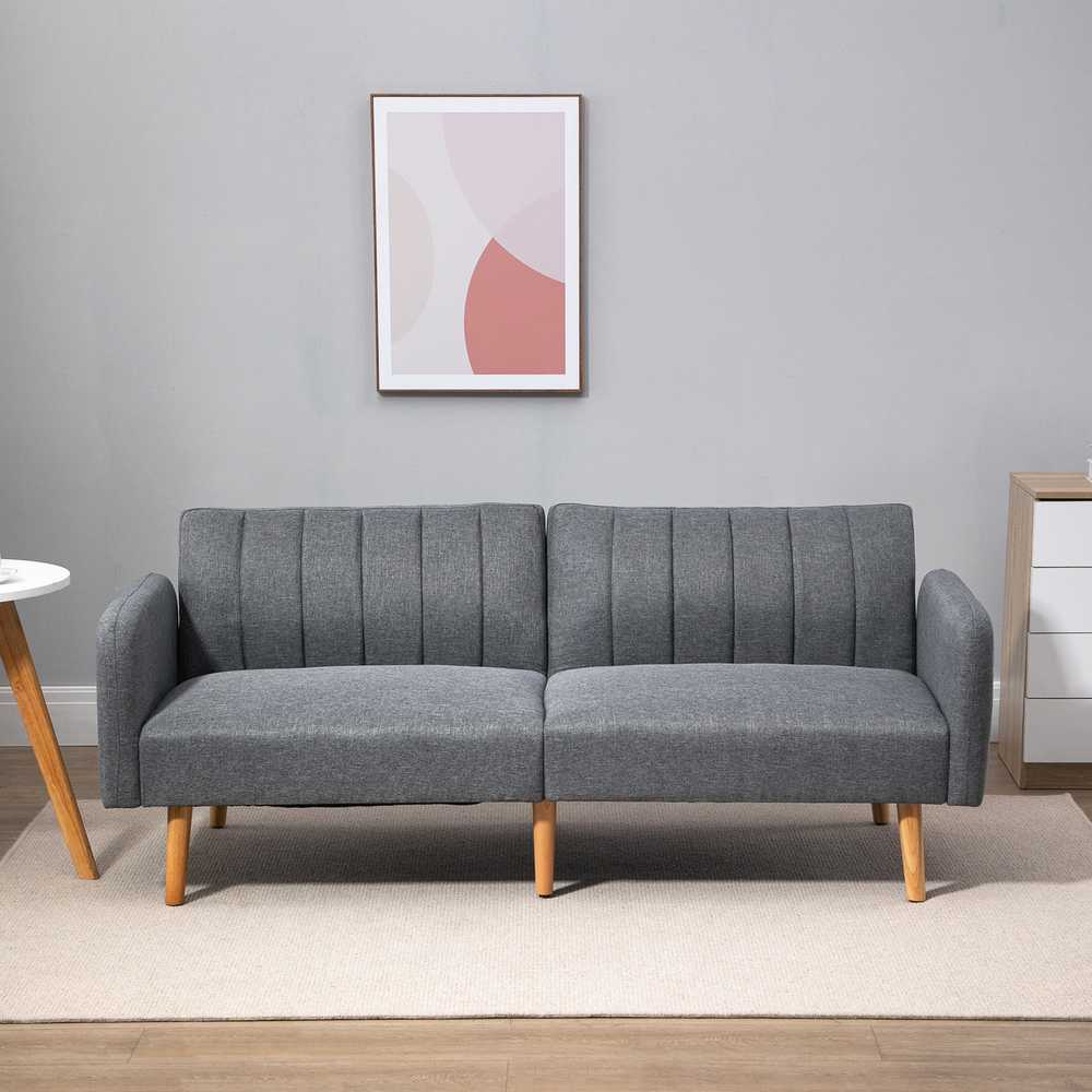 HOMCOM sofa-lova, dvivietė, su miegojimo funkcija, lino išvaizdos poliesteris, gumamedis, pilka, 173x75x73 cm