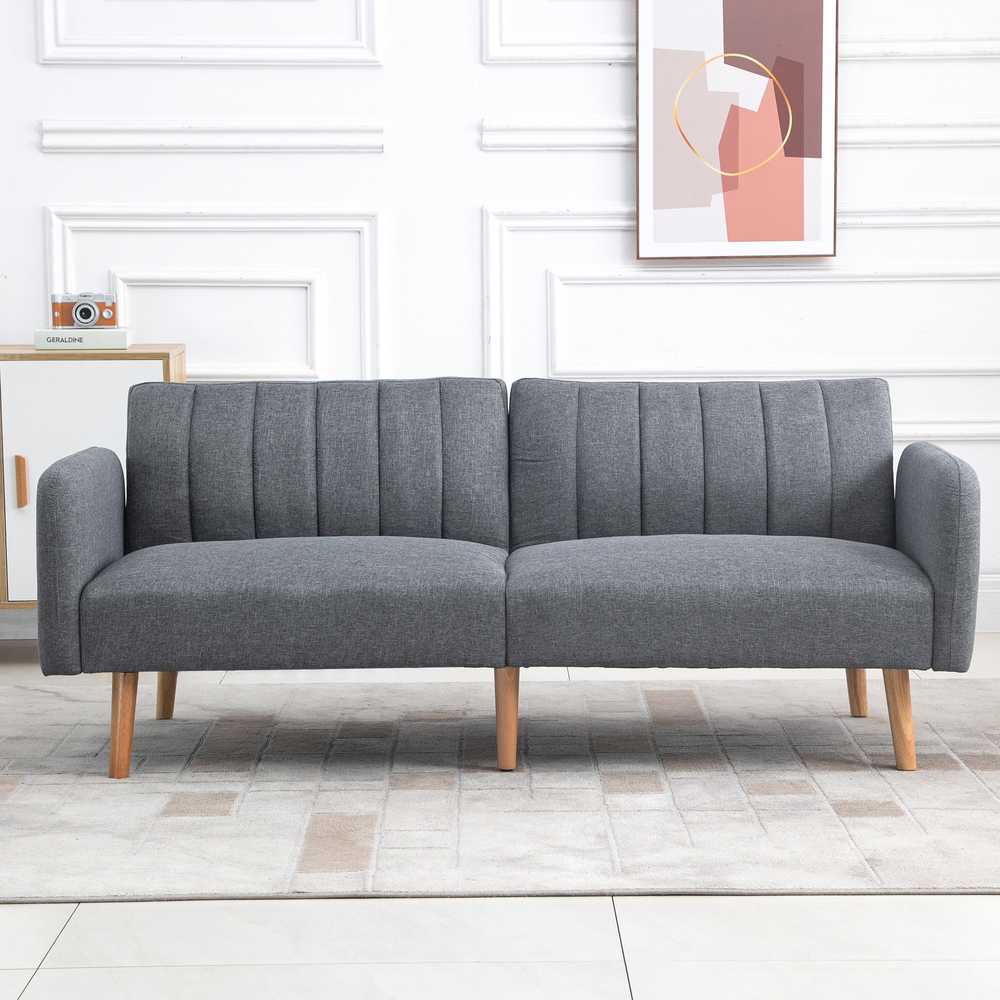 HOMCOM sofa-lova, dvivietė, su miegojimo funkcija, lino išvaizdos poliesteris, gumamedis, pilka, 173x75x73 cm