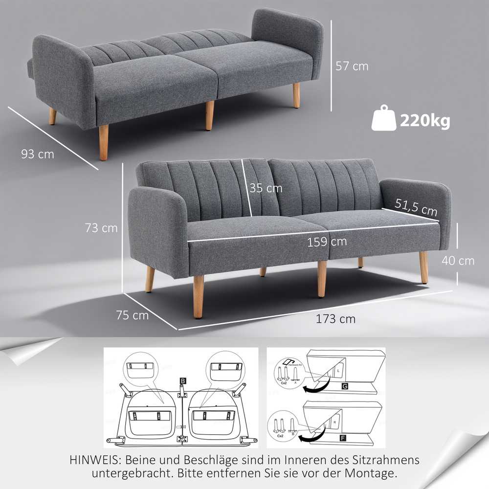 HOMCOM sofa-lova, dvivietė, su miegojimo funkcija, lino išvaizdos poliesteris, gumamedis, pilka, 173x75x73 cm