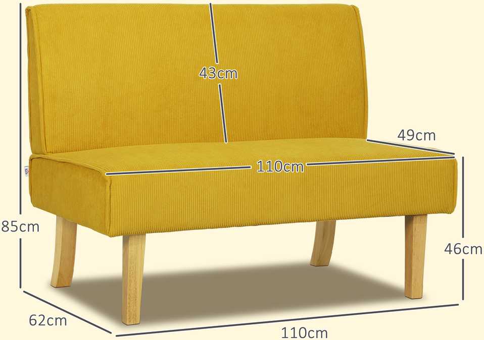HOMCOM dvivietė sofa, sofa su velveto išvaizda, medinės kojelės, paminkštinta sofa, dvigubė sofa miegamajam, svetainei, 110 x 62 x 85 cm, geltona