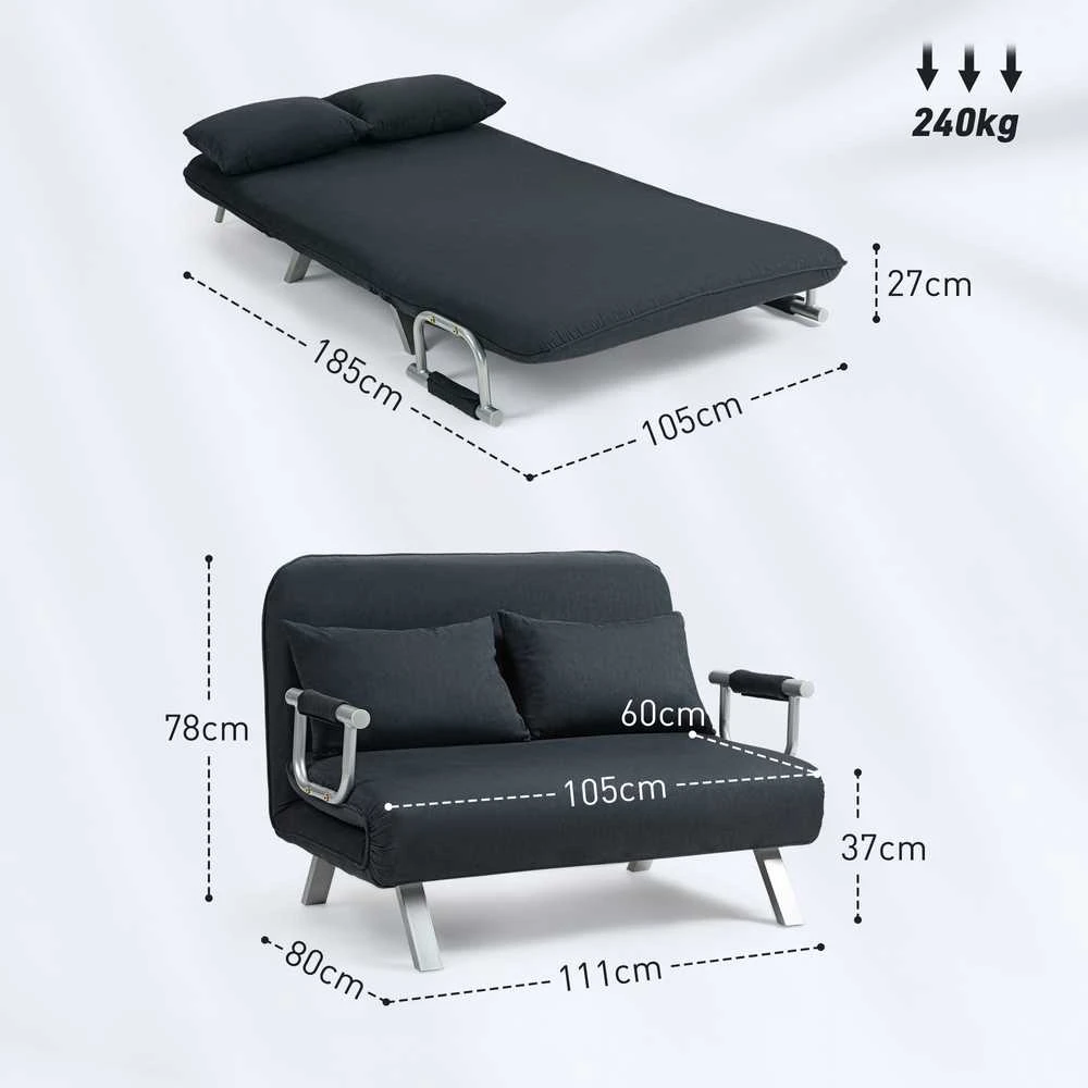 HOMCOM sofa-lova su reguliuojamu atlošu, pagalvėlėmis, 2 vietų, aksominės išvaizdos, su porankiais, skirta svetainei, miegamajam, juoda