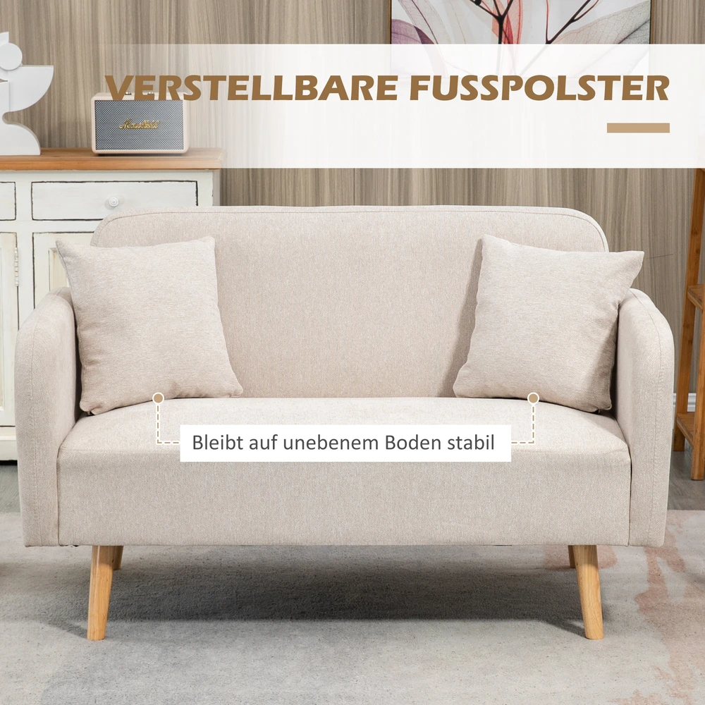 Dvivietė sofa su 2 pagalvėlėmis, kreminė ir natūralios medienos spalvos, 130 x 70 x 80 cm