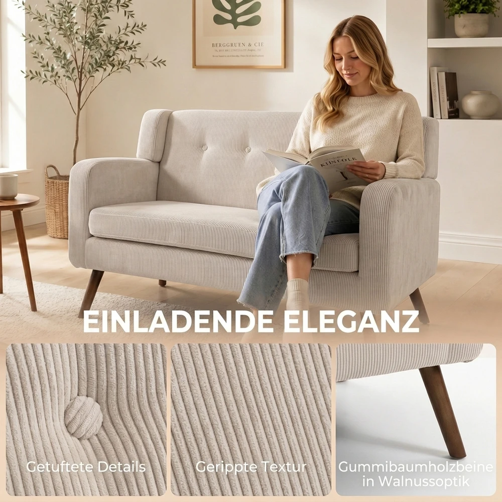 Dvivietė sofa su kišeninėmis spyruoklėmis ir velvetiniu audiniu, smėlinė/riešutmedžio, 118 × 72 × 80 cm
