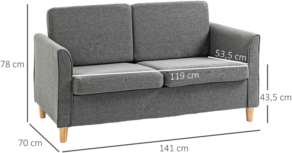Homcom Dvivietė sofa su pagalvėlėmis, lininė, šviesiai pilka, 141x65x78cm