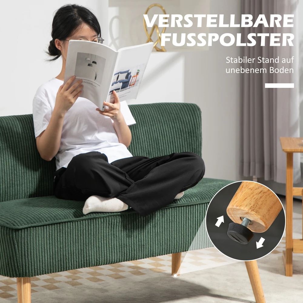 HOMCOM 2 vietų sofa, sofa su kordine išvaizda, medinės kojos, minkšta sofa, dvivietė sofa svetainei, miegamajam, 117 x 56,5 x 77 cm, žalios spalvos