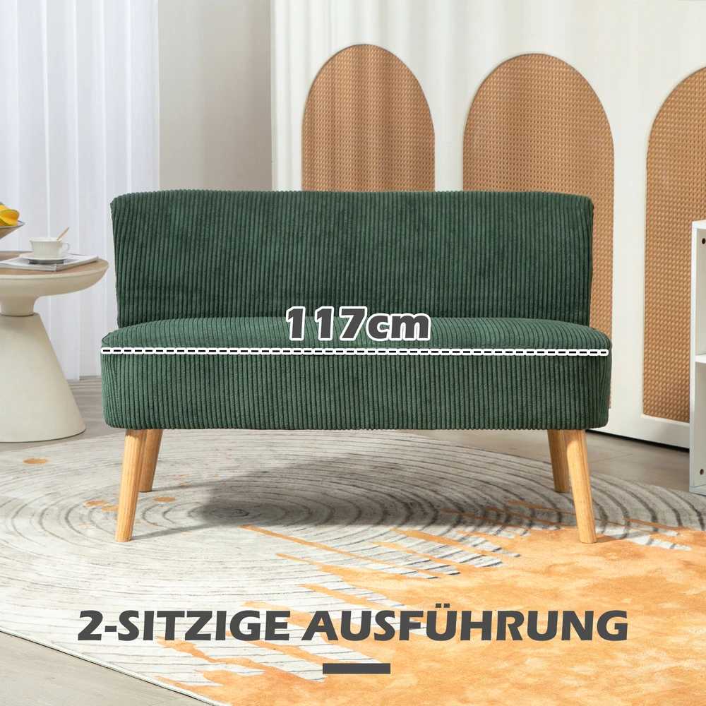 HOMCOM 2 vietų sofa, sofa su kordine išvaizda, medinės kojos, minkšta sofa, dvivietė sofa svetainei, miegamajam, 117 x 56,5 x 77 cm, žalios spalvos