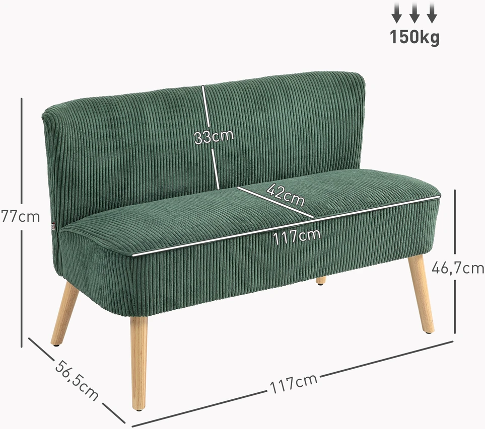 HOMCOM 2 vietų sofa, sofa su kordine išvaizda, medinės kojos, minkšta sofa, dvivietė sofa svetainei, miegamajam, 117 x 56,5 x 77 cm, žalios spalvos