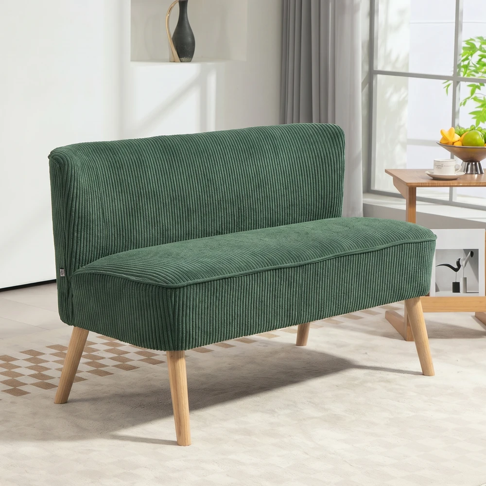 HOMCOM 2 vietų sofa, sofa su kordine išvaizda, medinės kojos, minkšta sofa, dvivietė sofa svetainei, miegamajam, 117 x 56,5 x 77 cm, žalios spalvos