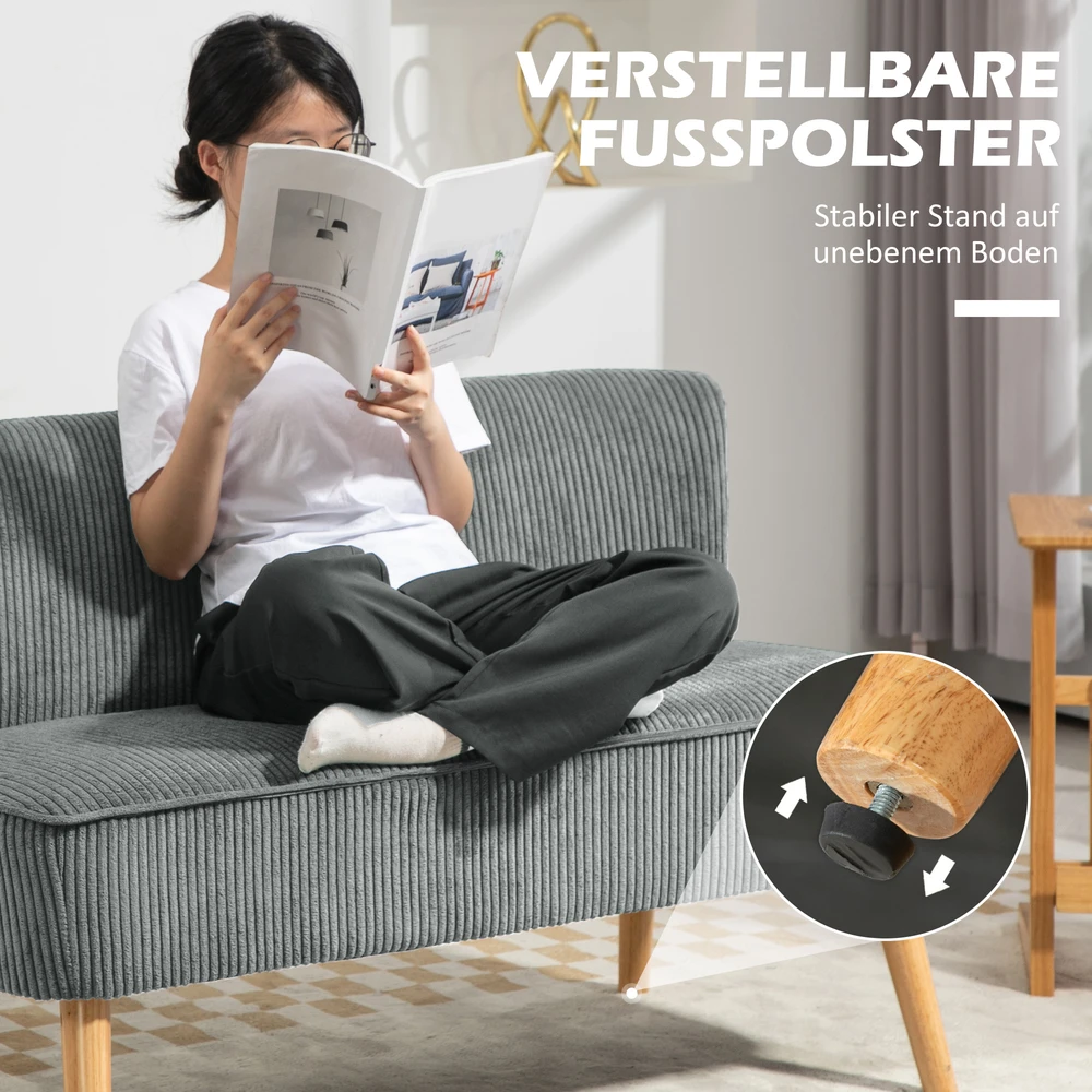HOMCOM 2 vietų sofa, sofa su kordine išvaizda, medinės kojos, minkšta sofa, dvivietė sofa svetainei, miegamajam, 117 x 56,5 x 77 cm, pilka