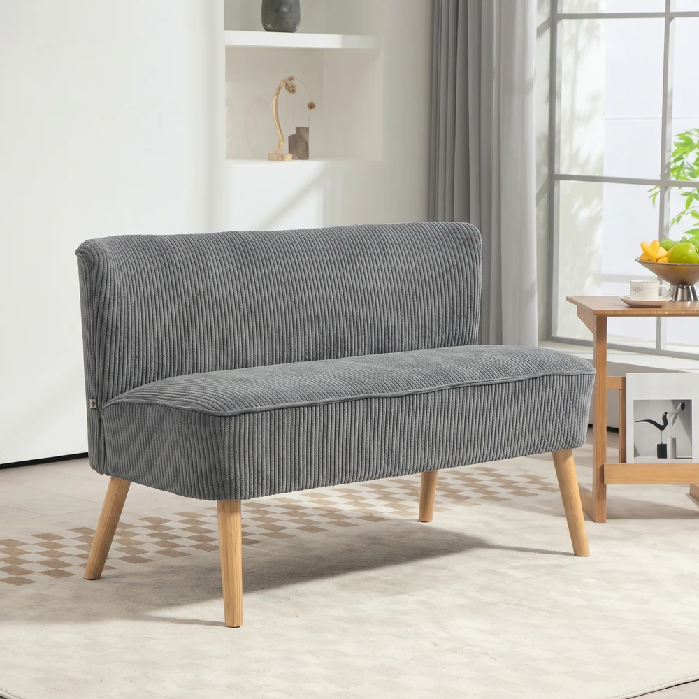 HOMCOM 2 vietų sofa, sofa su kordine išvaizda, medinės kojos, minkšta sofa, dvivietė sofa svetainei, miegamajam, 117 x 56,5 x 77 cm, pilka