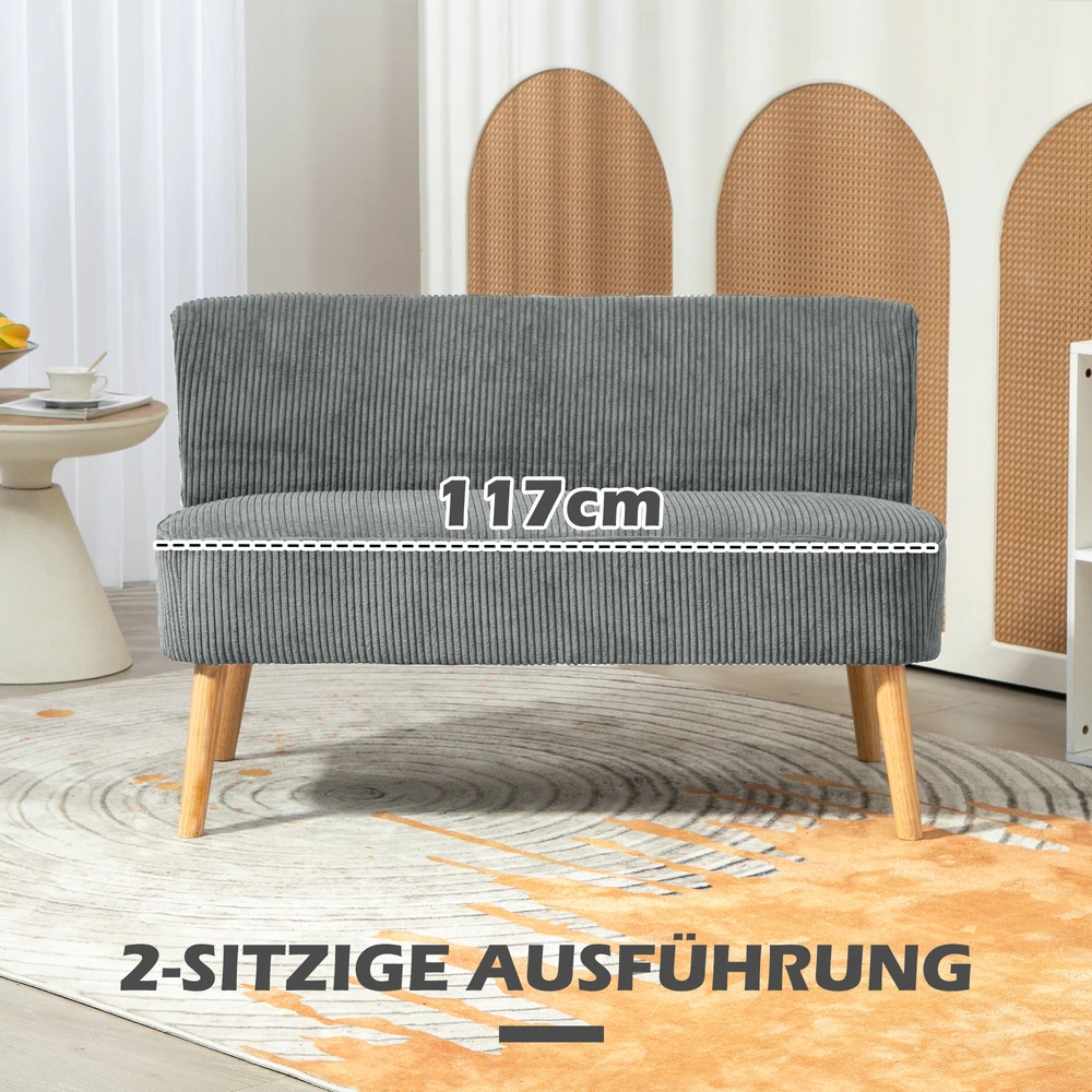 HOMCOM 2 vietų sofa, sofa su kordine išvaizda, medinės kojos, minkšta sofa, dvivietė sofa svetainei, miegamajam, 117 x 56,5 x 77 cm, pilka