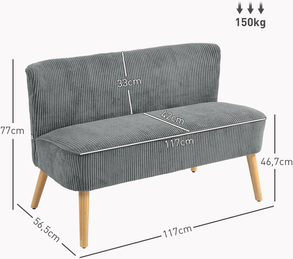 HOMCOM 2 vietų sofa, sofa su kordine išvaizda, medinės kojos, minkšta sofa, dvivietė sofa svetainei, miegamajam, 117 x 56,5 x 77 cm, pilka