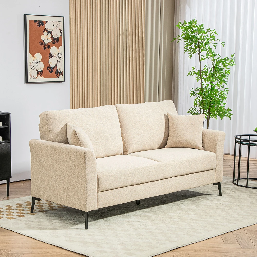 HOMCOM 2 vietų sofa, sofa su lino išvaizda, metalinės kojos, minkšta sofa, minkšta dvigulė sofa svetainei, miegamajam, 179 x 80 x 89 cm, smėlio spalvos