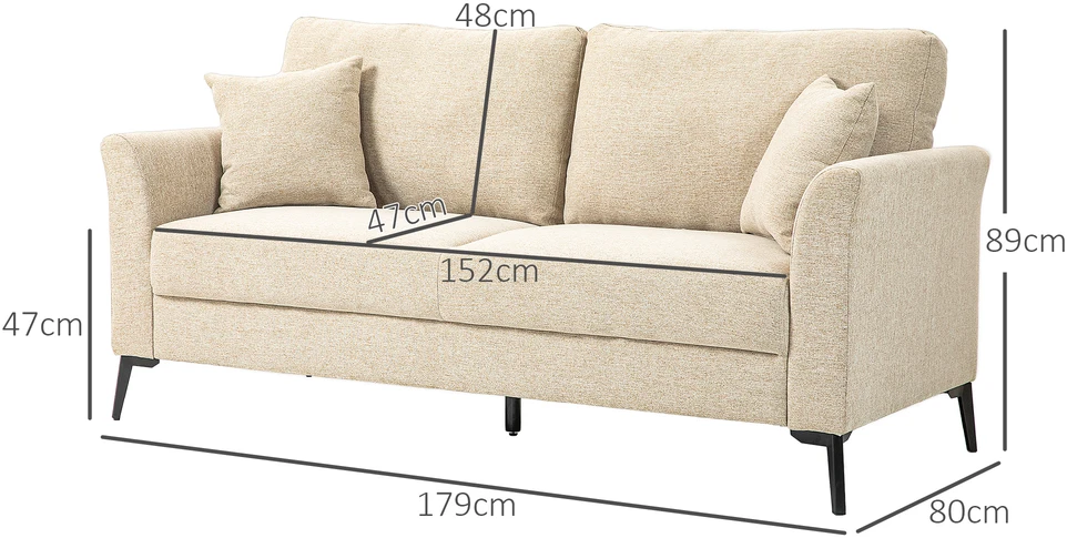 HOMCOM 2 vietų sofa, sofa su lino išvaizda, metalinės kojos, minkšta sofa, minkšta dvigulė sofa svetainei, miegamajam, 179 x 80 x 89 cm, smėlio spalvos