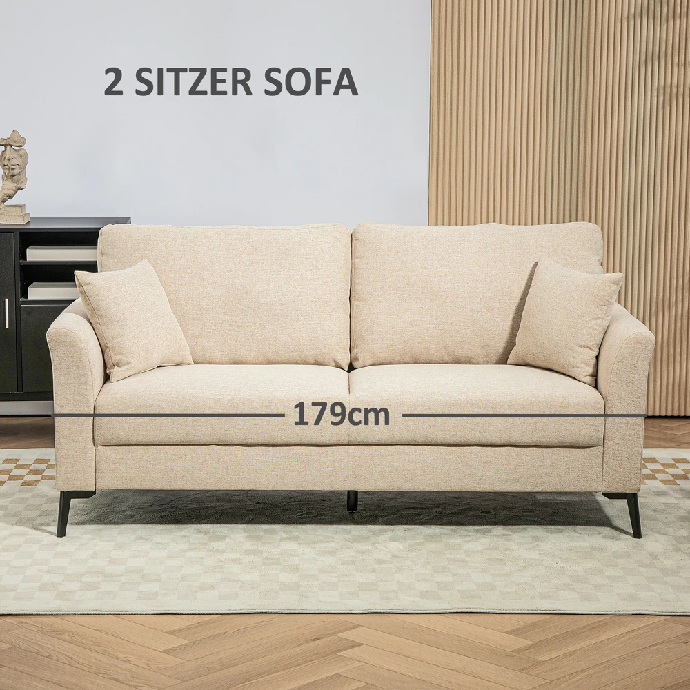 HOMCOM 2 vietų sofa, sofa su lino išvaizda, metalinės kojos, minkšta sofa, minkšta dvigulė sofa svetainei, miegamajam, 179 x 80 x 89 cm, smėlio spalvos