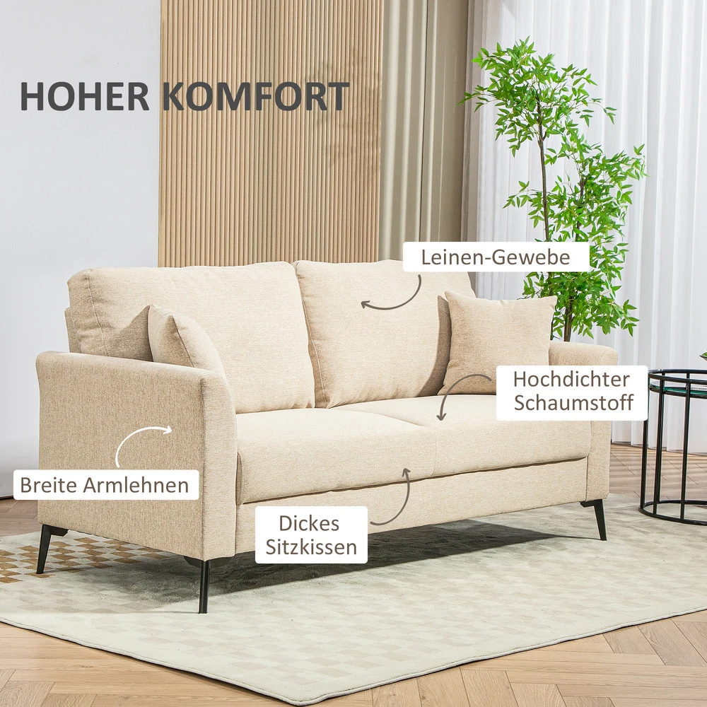 HOMCOM 2 vietų sofa, sofa su lino išvaizda, metalinės kojos, minkšta sofa, minkšta dvigulė sofa svetainei, miegamajam, 179 x 80 x 89 cm, smėlio spalvos