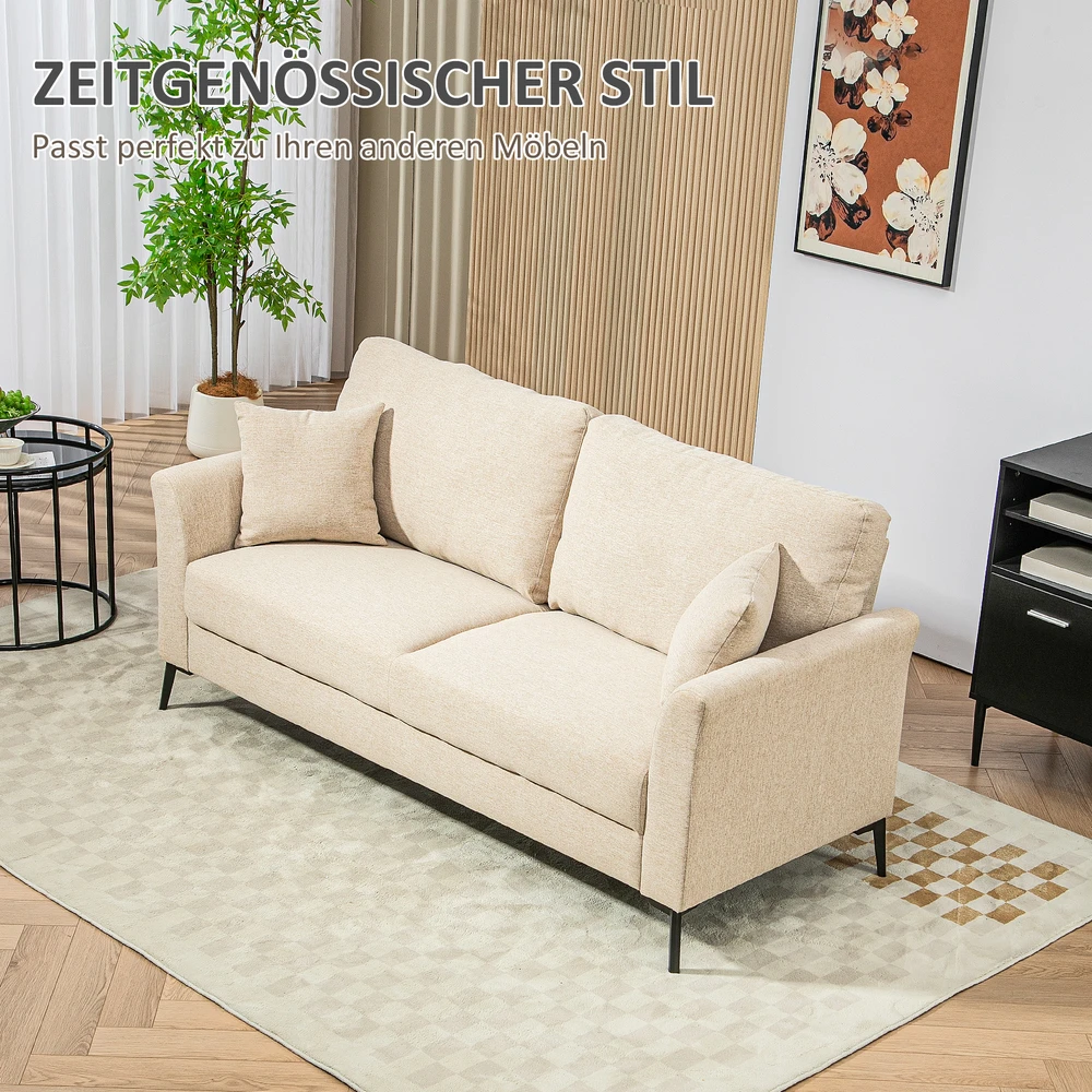 HOMCOM 2 vietų sofa, sofa su lino išvaizda, metalinės kojos, minkšta sofa, minkšta dvigulė sofa svetainei, miegamajam, 179 x 80 x 89 cm, smėlio spalvos