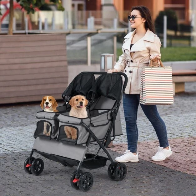 Dvivietis sulankstomas augintinio vežimėlis pilkas