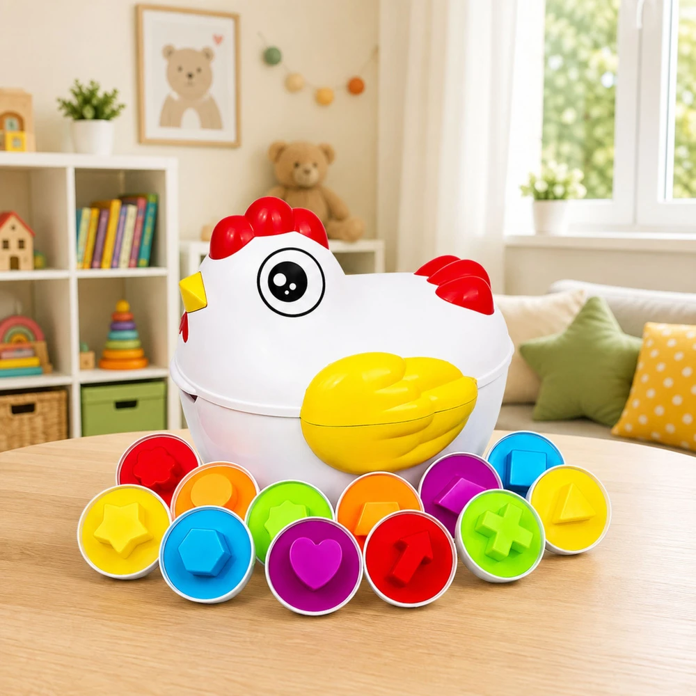 Lean Toys Edukacinis rūšiuoklis su 12 atidaromų kiaušinių ir višta-dėžute, įvairiaspalvis, 17 × 16,5 × 15 cm