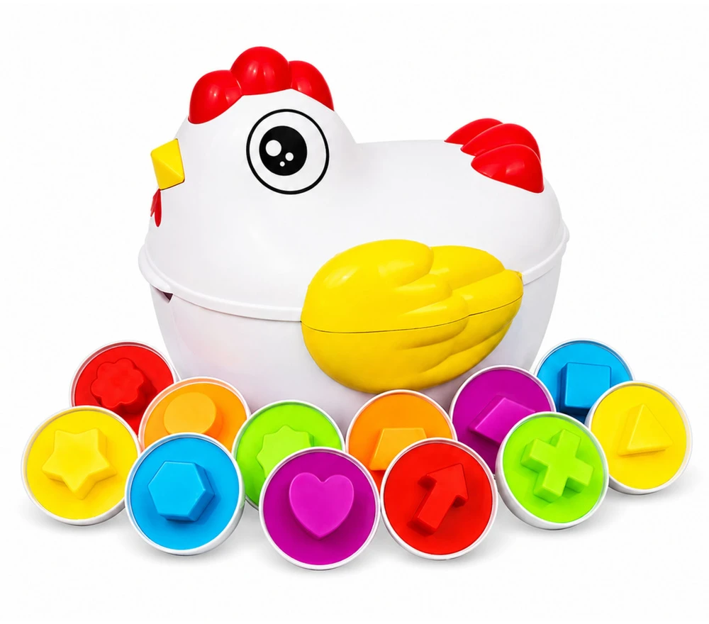 Lean Toys Edukacinis rūšiuoklis su 12 atidaromų kiaušinių ir višta-dėžute, įvairiaspalvis, 17 × 16,5 × 15 cm