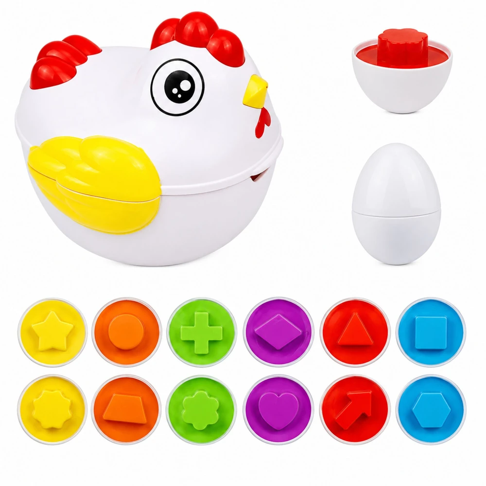 Lean Toys Edukacinis rūšiuoklis su 12 atidaromų kiaušinių ir višta-dėžute, įvairiaspalvis, 17 × 16,5 × 15 cm
