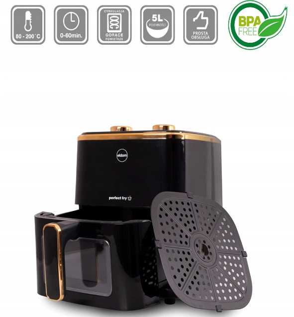 ELDOM FRITTA neriebi gruzdintuvė, talpa 5,0 l, reguliuojama temperatūra, 1500 W, viena 5 l talpos, atskira karšto oro gruzdintuvė, Juodas