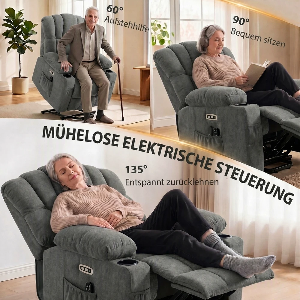 Elektrinis atlošiamas fotelis su pakėlimo funkcija ir masažu, pilkas, 87 x 92 x 107 cm