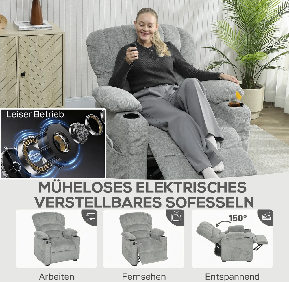 Elektrinis atlošiamas fotelis su USB jungtimi ir 2 atminties padėtimis, pilkas, 96 × 90 × 105 cm