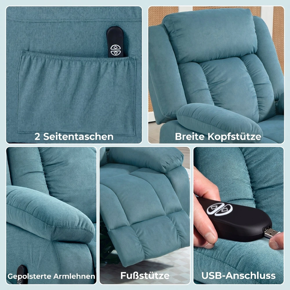 Elektrinis atsistojimo fotelis su atlošimo funkcija, mėlynas, 92 × 94 × 105 cm