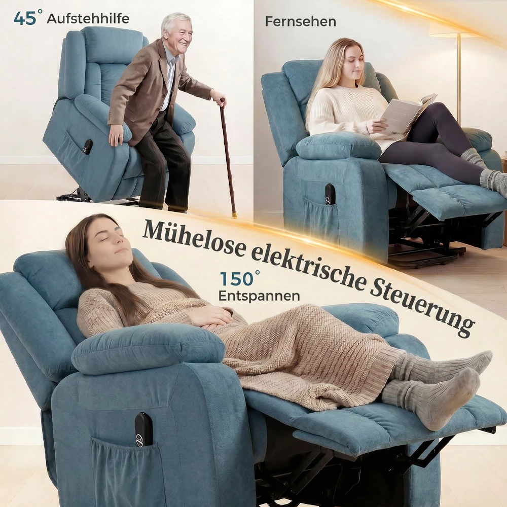 Elektrinis atsistojimo fotelis su atlošimo funkcija, mėlynas, 92 × 94 × 105 cm