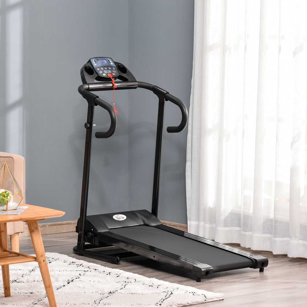 HOMCOM sulankstomas elektrinis bėgimo takelis, 500 W, 0,8-10 km/val., LCD ekranas, puodelių laikikliai, juodas, 123x62x117 cm