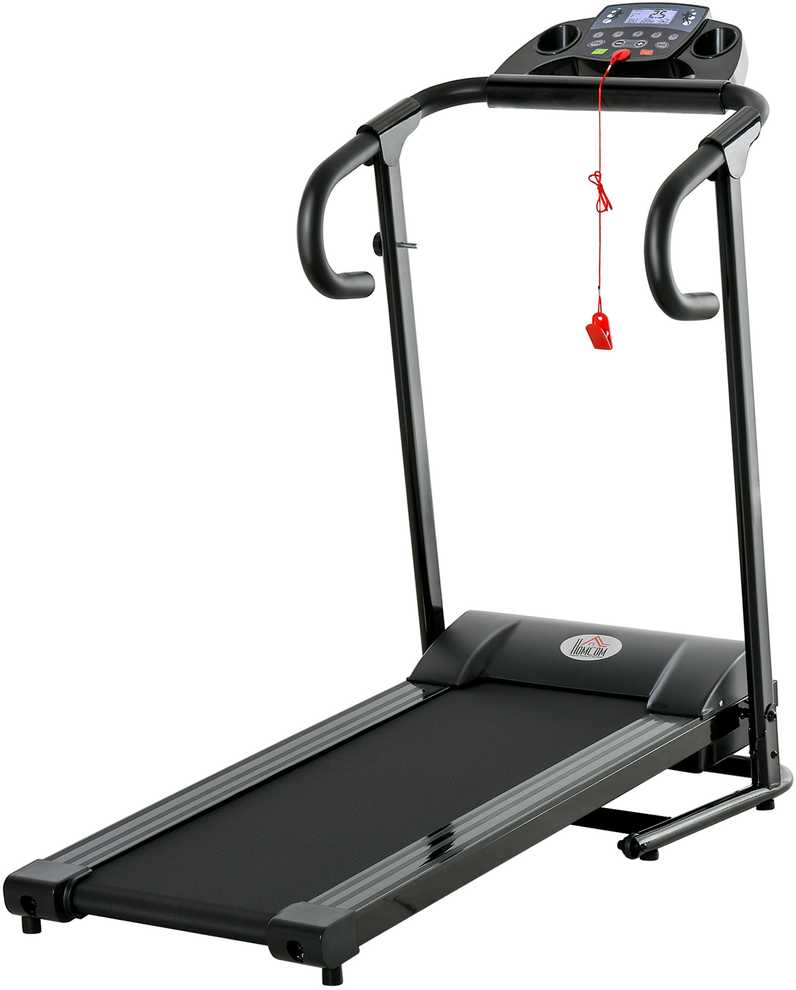 HOMCOM sulankstomas elektrinis bėgimo takelis, 500 W, 0,8-10 km/val., LCD ekranas, puodelių laikikliai, juodas, 123x62x117 cm