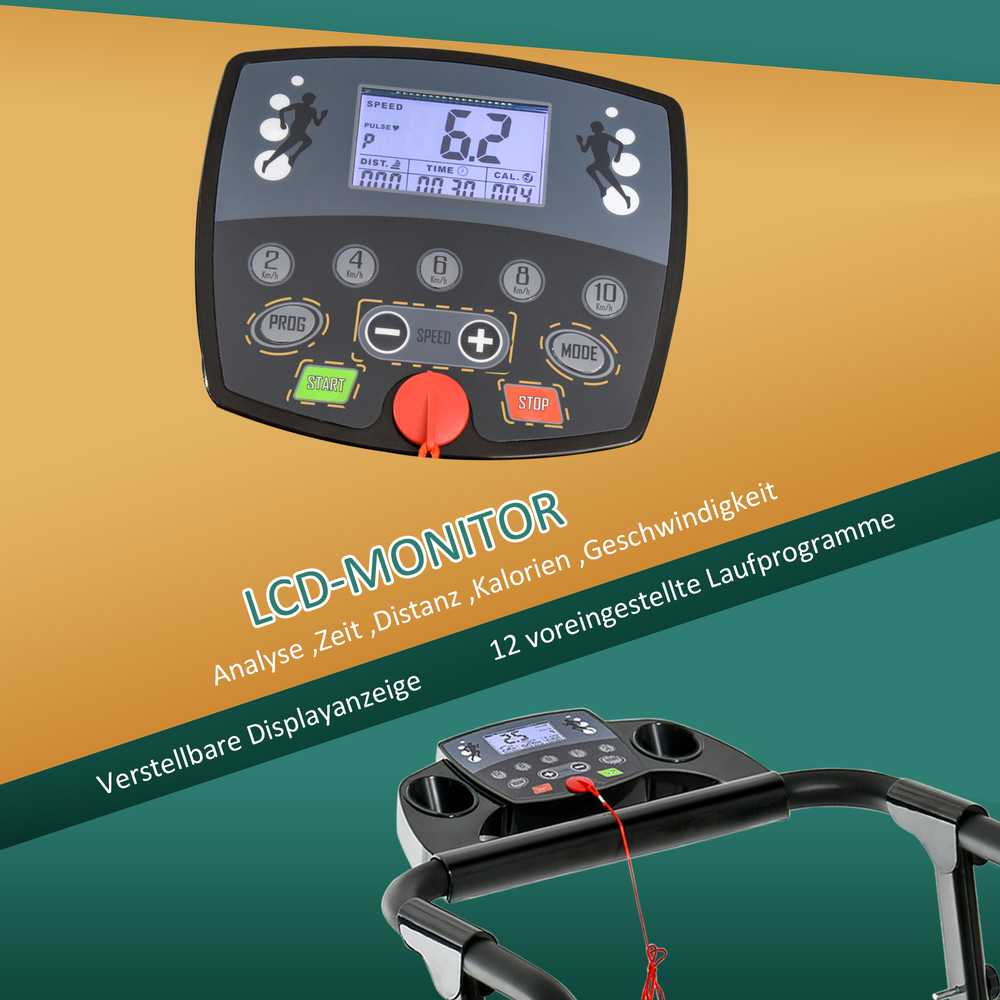 HOMCOM sulankstomas elektrinis bėgimo takelis, 500 W, 0,8-10 km/val., LCD ekranas, puodelių laikikliai, juodas, 123x62x117 cm