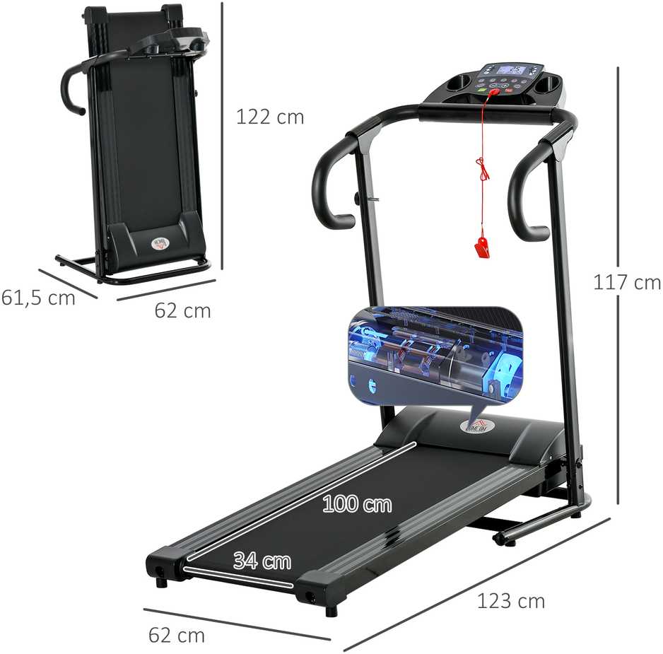HOMCOM sulankstomas elektrinis bėgimo takelis, 500 W, 0,8-10 km/val., LCD ekranas, puodelių laikikliai, juodas, 123x62x117 cm