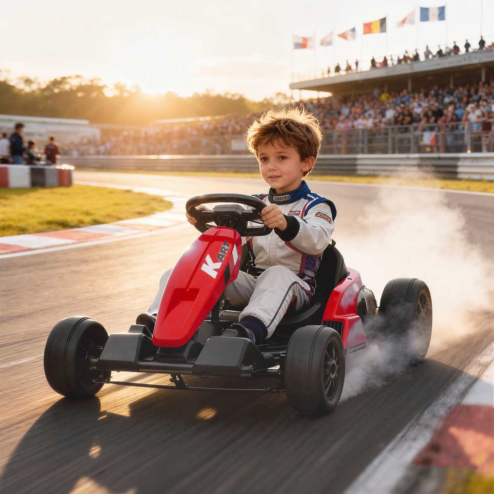 24V Elektrinis kartingas, drifto režimas, reguliuojama sėdynė, 5 taškų saugos diržas, muzikos funkcija, signalas, 6-12 metų, raudonas