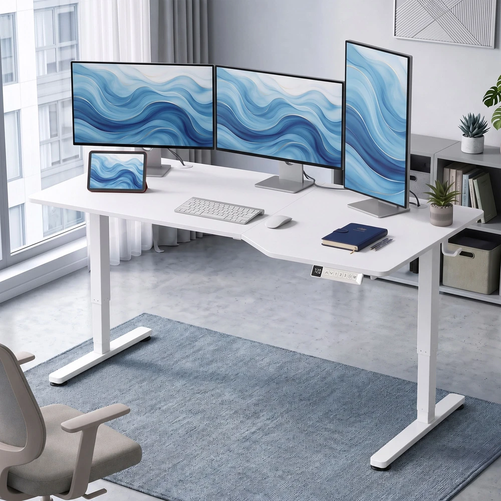 Elektrinis kampinis rašomasis stalas su 3 atminties pozicijomis, 140 x 80 x 72–120 cm