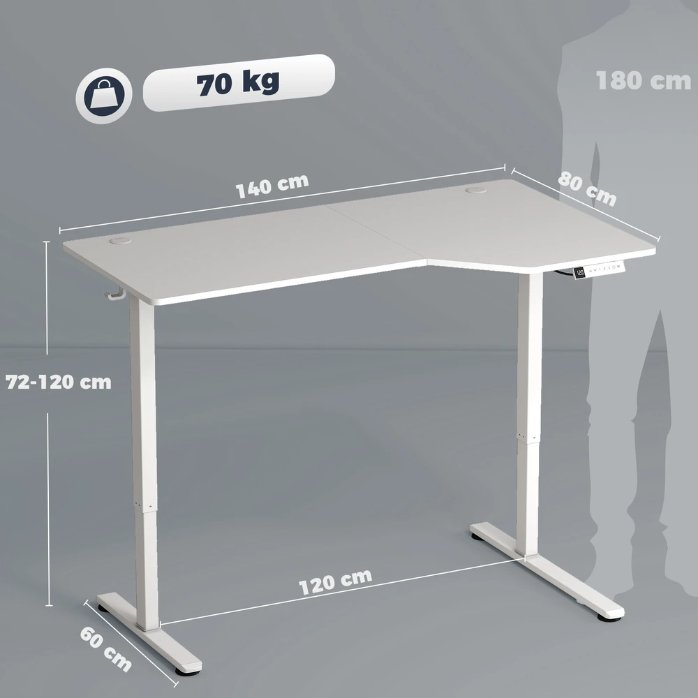 Elektrinis kampinis rašomasis stalas su 3 atminties pozicijomis, 140 x 80 x 72–120 cm