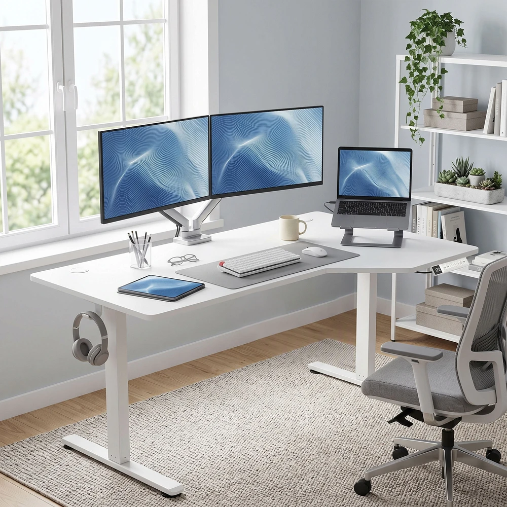Elektrinis kampinis rašomasis stalas su 3 atminties pozicijomis, 140 x 80 x 72–120 cm