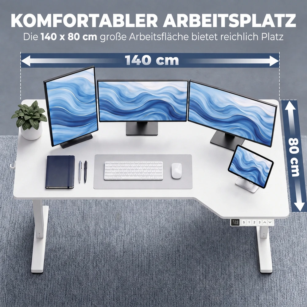 Elektrinis kampinis rašomasis stalas su 3 atminties pozicijomis, 140 x 80 x 72–120 cm