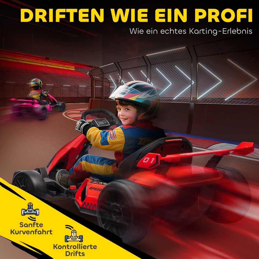 HOMCOM vaikų elektrinis kartingas 24 V 6-12km/h drift kartingas su drift režimu, lėtu startu, 3 padėčių reguliuojama sėdyne, kartingas su ekranu, muzika, saugos diržu, vaikiška transporto priemonė 6-12 metų vaikams, raudona