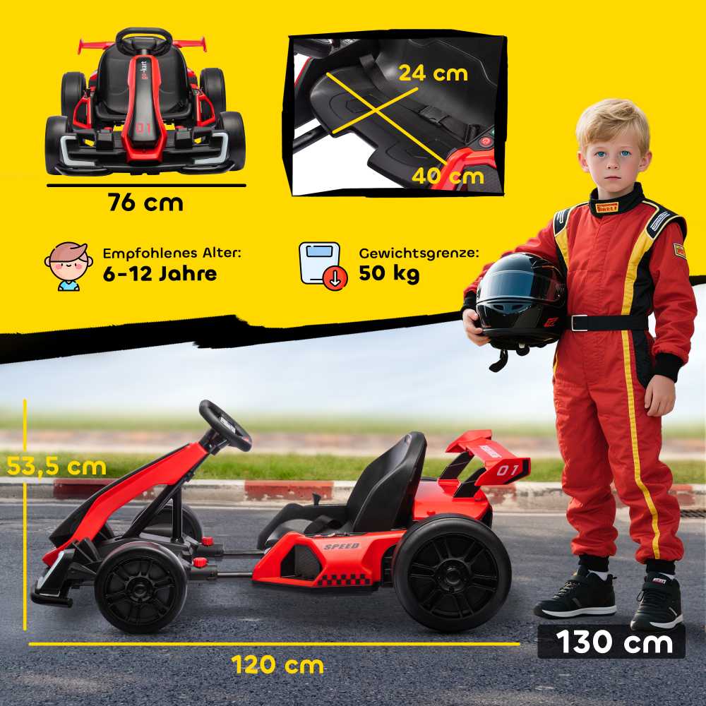 HOMCOM vaikų elektrinis kartingas 24 V 6-12km/h drift kartingas su drift režimu, lėtu startu, 3 padėčių reguliuojama sėdyne, kartingas su ekranu, muzika, saugos diržu, vaikiška transporto priemonė 6-12 metų vaikams, raudona