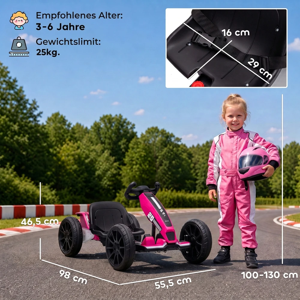 Elektrinis kartingas reguliuojamo ilgio su 2 varikliais, rožinis/juodas, 98 × 55,5 × 46,5 cm