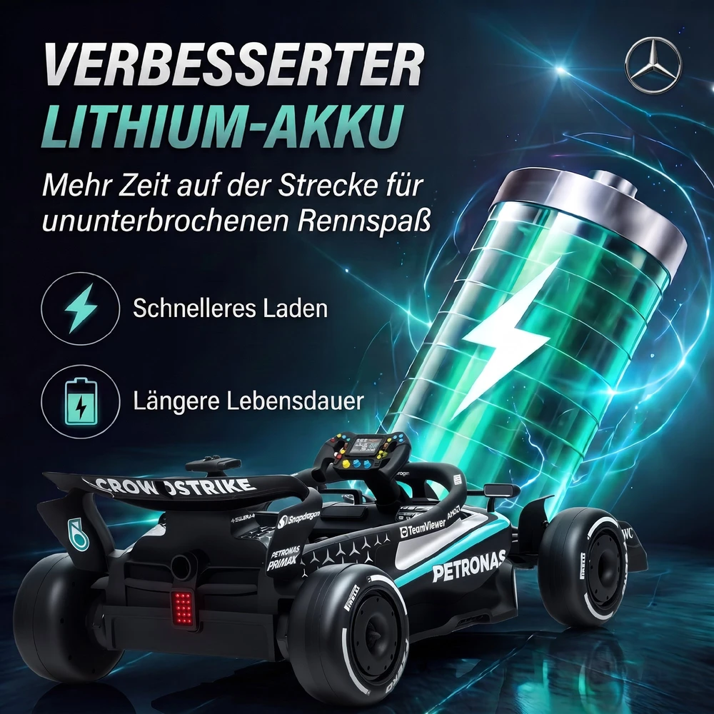 Elektrinis kartingas vaikams, licencijuotas Mercedes-AMG PETRONAS F1, su ličio akumuliatoriumi, juodas, sidabrinis ir mėlynas, 123 × 66 × 39 cm