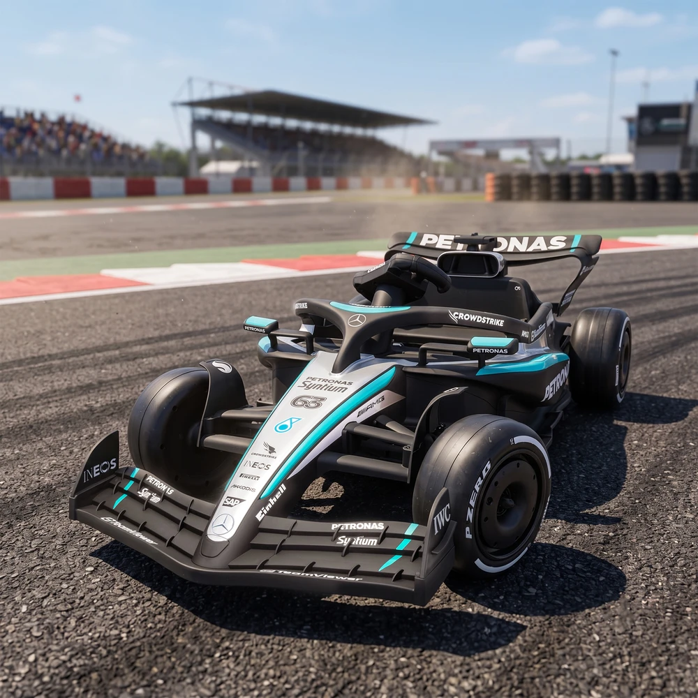 Elektrinis kartingas vaikams, licencijuotas Mercedes-AMG PETRONAS F1, su ličio akumuliatoriumi, juodas, sidabrinis ir mėlynas, 123 × 66 × 39 cm