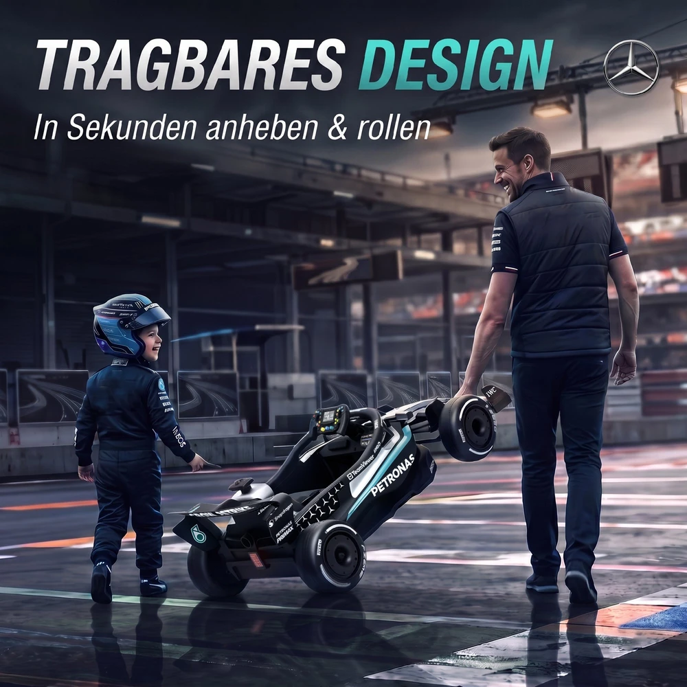 Elektrinis kartingas vaikams, licencijuotas Mercedes-AMG PETRONAS F1, su ličio akumuliatoriumi, juodas, sidabrinis ir mėlynas, 123 × 66 × 39 cm