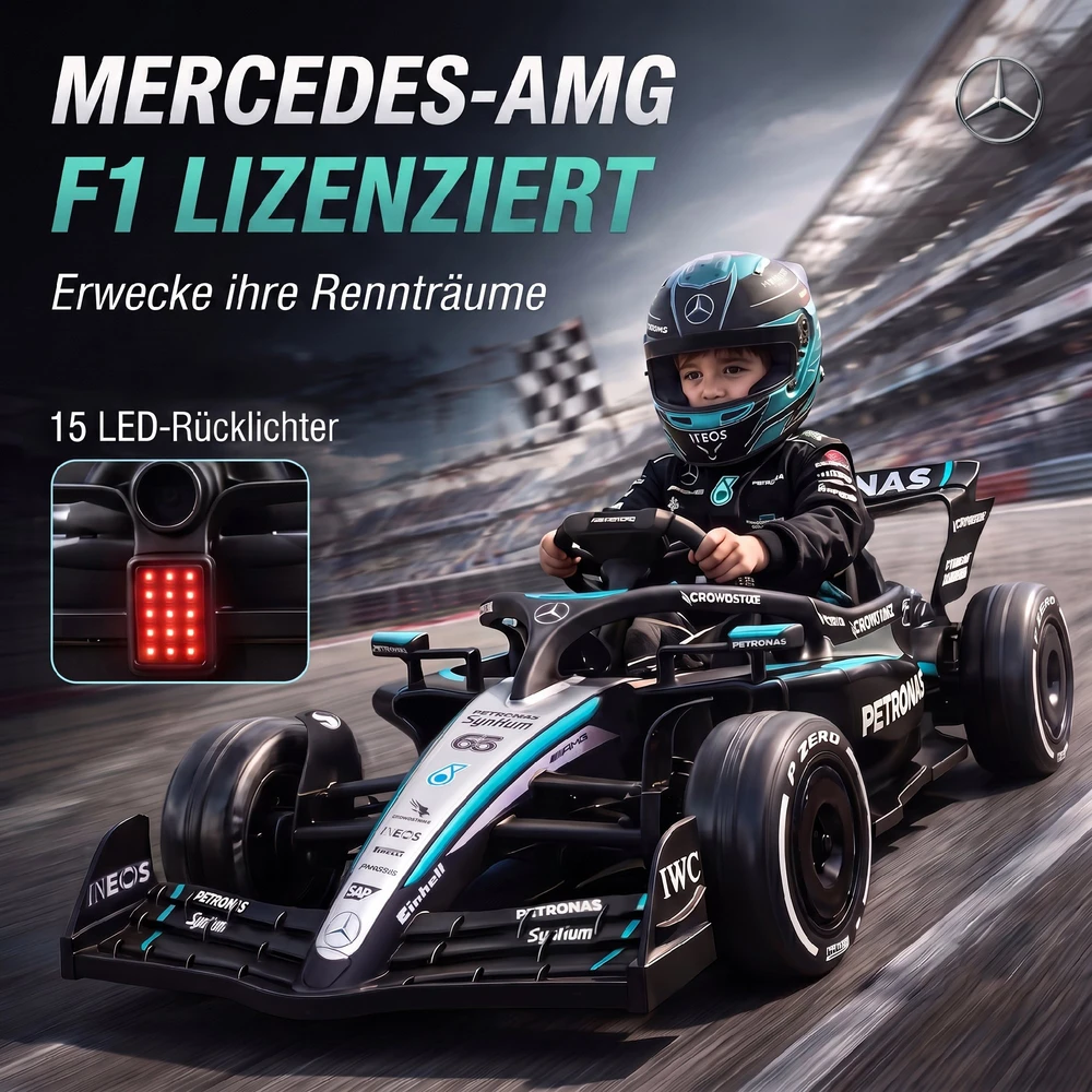 Elektrinis kartingas vaikams, licencijuotas Mercedes-AMG PETRONAS F1, su ličio akumuliatoriumi, juodas, sidabrinis ir mėlynas, 123 × 66 × 39 cm