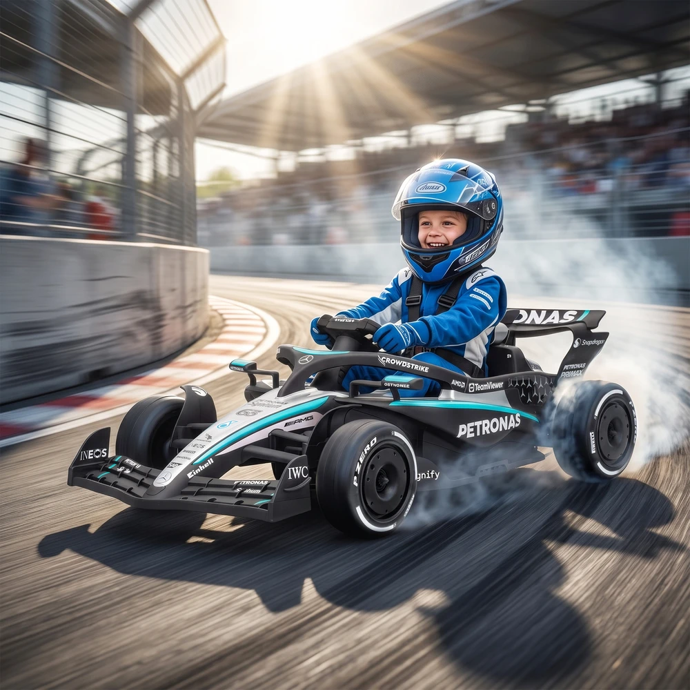 Elektrinis kartingas vaikams, licencijuotas Mercedes-AMG PETRONAS F1, su ličio akumuliatoriumi, juodas, sidabrinis ir mėlynas, 123 × 66 × 39 cm